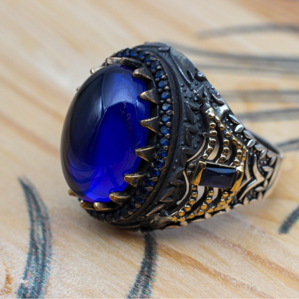Sapphire Men Ring, Turkish Handmade Silver Men Ring, Mens Handmade Ring, Ottoman Ring, Men Jewelry, Gift for Him, 925k Sterling Silver Ring