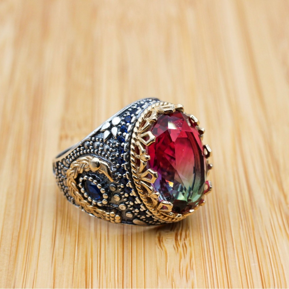 Men's Handmade Ring, Turkish Handmade Ring, Ottoman  Men's Ring, Tourmaline Men's Ring, Men's Jewelry, Gift for Him, 925k Sterling Silver