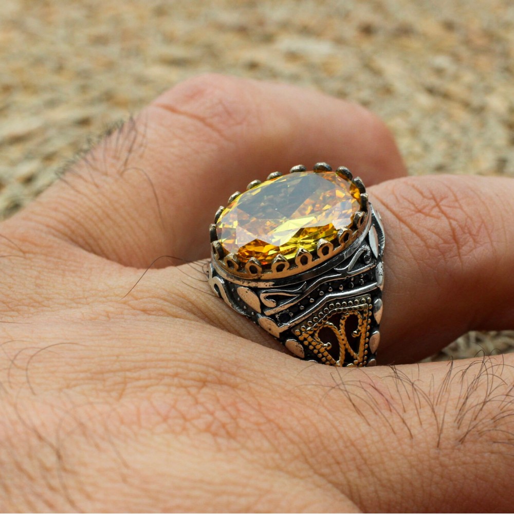 Citrine Men's Ring, Handmade Men's Ring, Turkish Handmade Ring, Ottoman Men's Ring, Men's Jewelry, Gift for Him, 925k Sterling Silver Ring