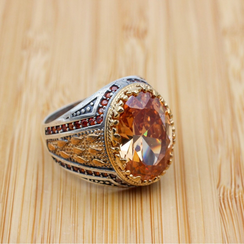 Men's Handmade Ring, Topaz Men's Ring, Men's Ring, Turkish Handmade Silver Men's Ring, Ottoman Mens Ring, Gift for Him, 925k Sterling Silver