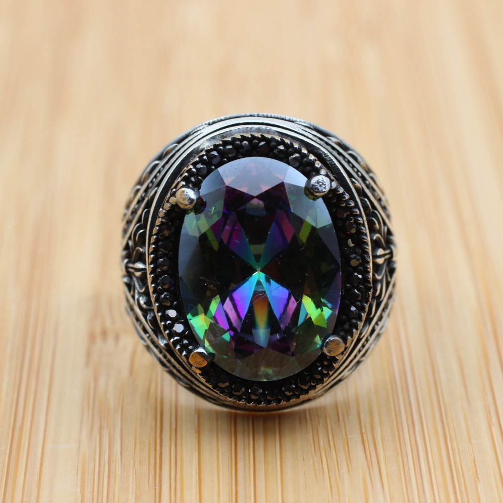 Men's Handmade Ring, Mystic Topaz Men's Ring, Turkish Handmade Silver Men's Ring, Ottoman Men's Ring, Gift for Him, 925 Sterling Silver Ring