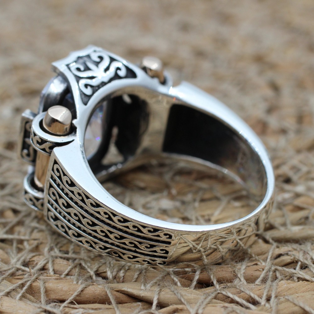 Mens Handmade Ring, Turkish Handmade Silver Men Ring, Ottoman Men Ring, Zircon Ring, Men's Jewelry, Gift for Him, 925k Sterling Silver Ring