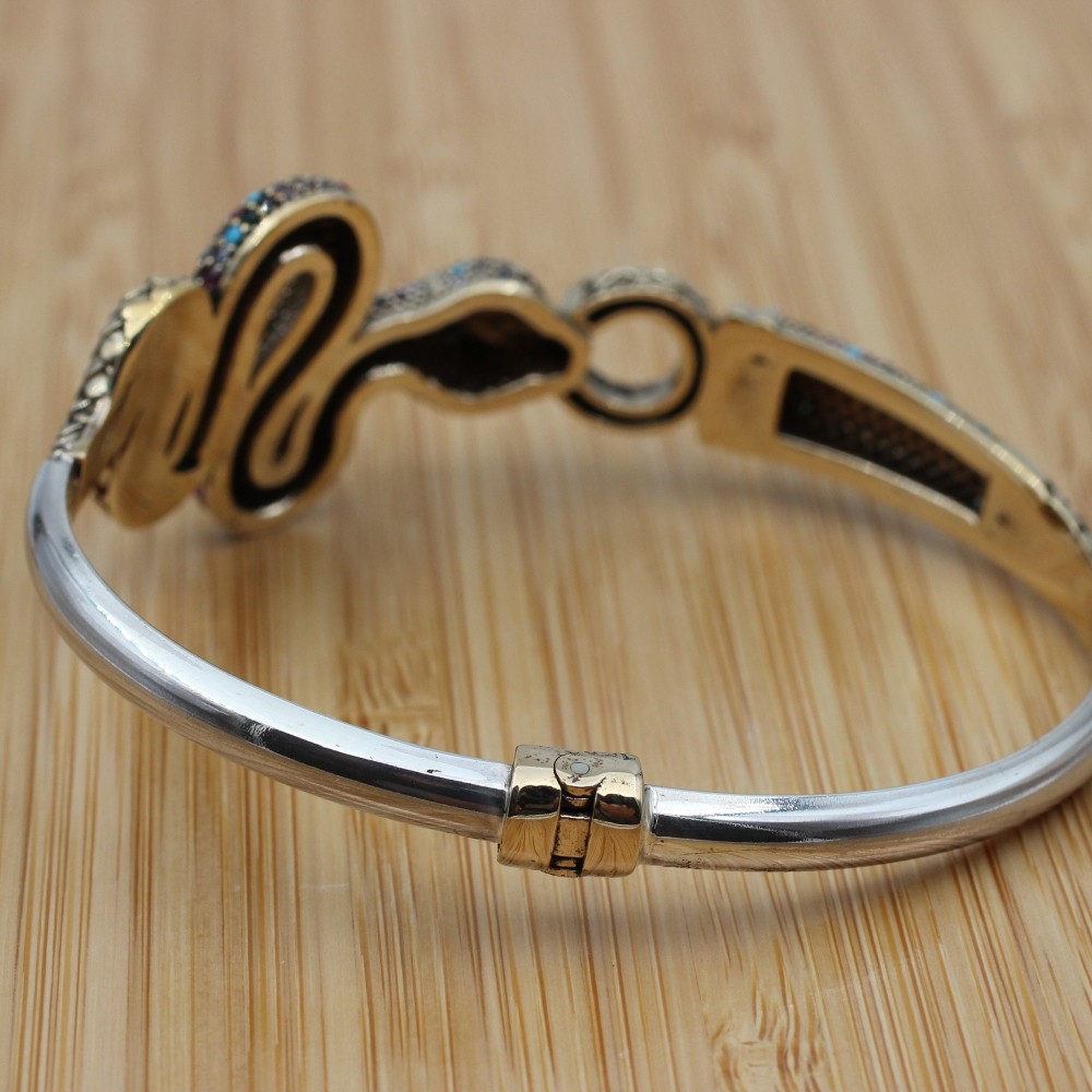 Snake Bracelet, Mixed Color Bracelet, Handmade Bracelet, Bangle Cuff, Turkish Handmade, Animal Bracelet, Gift for Her, 925k Sterling Silver,