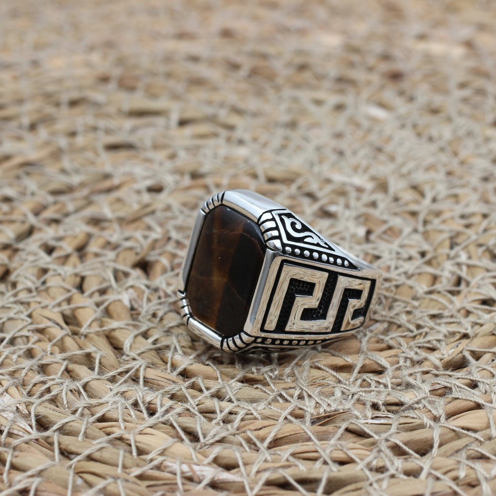 Tiger Eye Men's Ring, Ottoman Men's Ring, Handmade Men's Ring, Turkish Handmade Men's Ring, Men's Jewelry, Gift for Him, 925 Sterling Silver