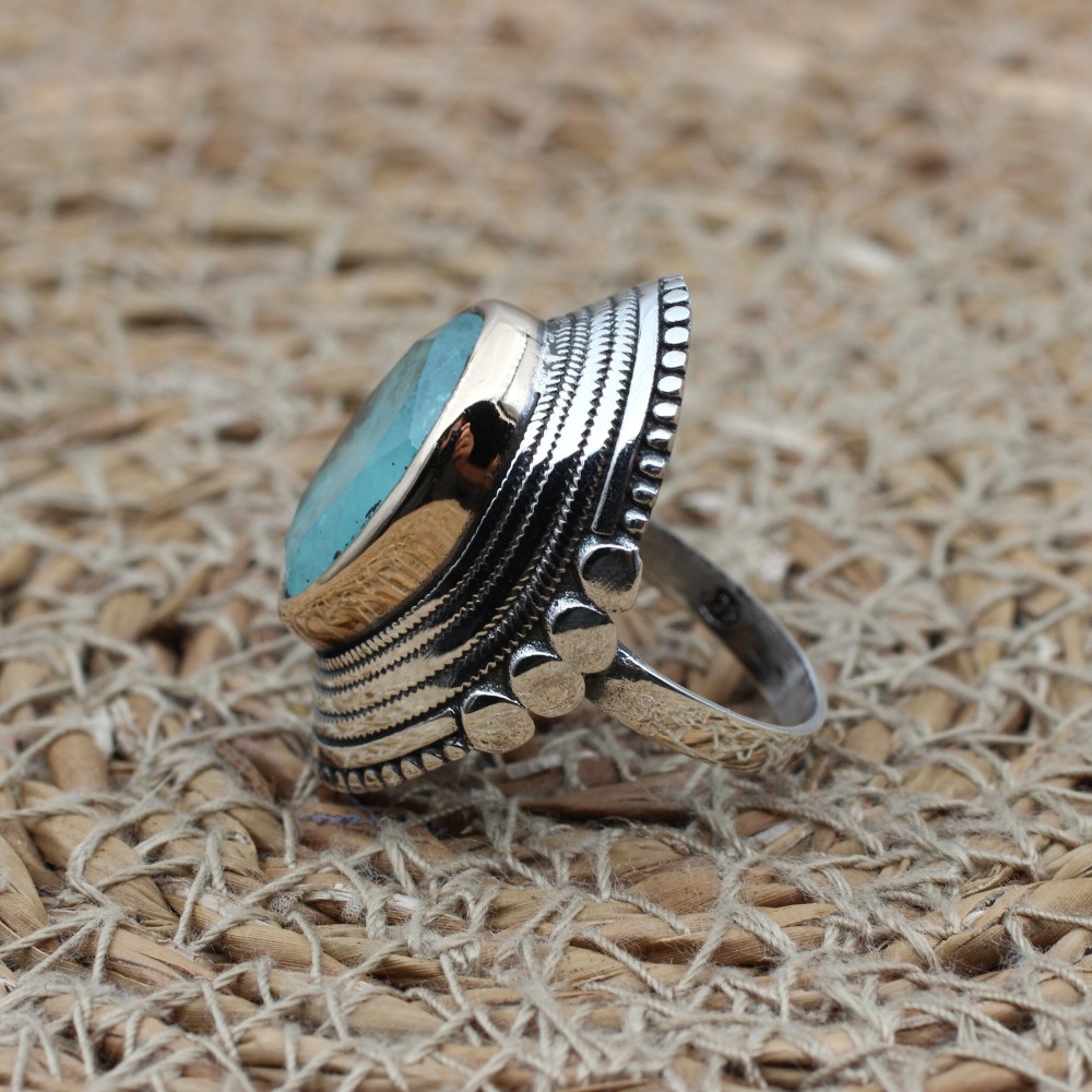 Paraiba Ladies Ring, Handmade Women's Ring, Turkish Handmade Silver Ladies Ring, Ottoman Women Ring, Boho Ladies Ring, 925k Sterling Silver
