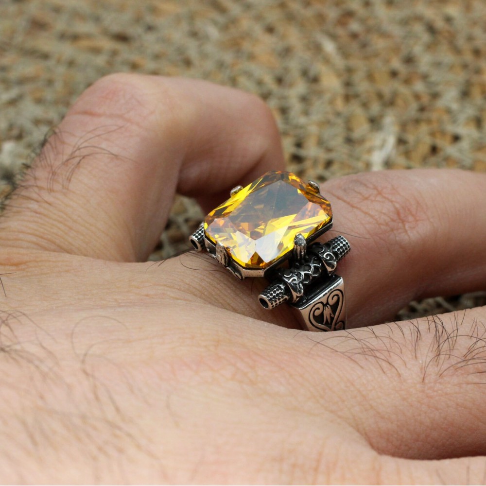 Citrine Men's Ring, Handmade Men's Ring, Ottoman Men's Ring, Square Stone, Men's Jewelry, Gift for Him, 925k Sterling Silver, Detailed Ring Citrine Men's Ring, Handmade Men's Ring, Ottoman Men's Ring, Square Stone, Men's Jewelry, Gift for Him, 925k Sterling Silver, Detailed Ring