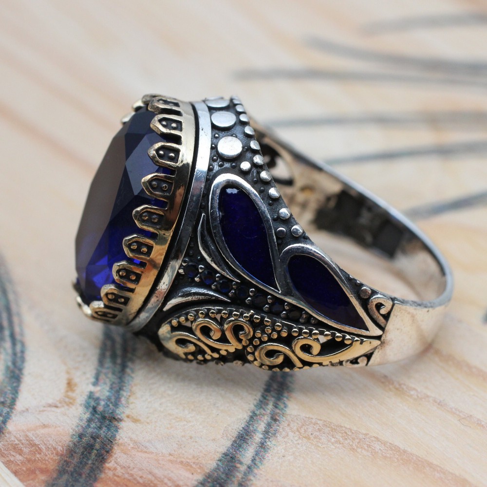 Sapphire Men Ring, Turkish Handmade Silver Men Ring, Mens Handmade Ring, Ottoman Ring, Men Jewelry, Gift for Him, 925k Sterling Silver Ring