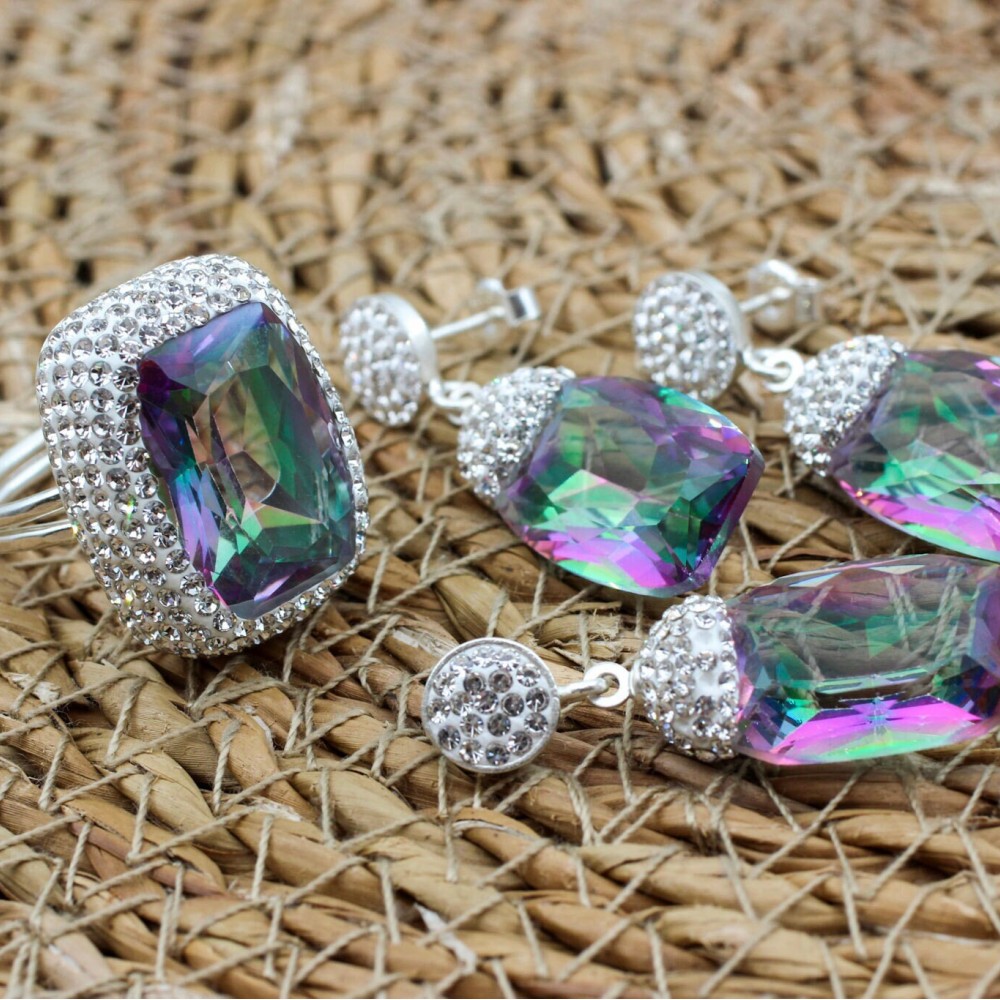 Mystic Topaz Set, Authentic Set, Handmade Women Set, Handmade Set, Ladies Jewelry, Ring, Earring, Pendant, Ladies Set, 925k Sterling Silver