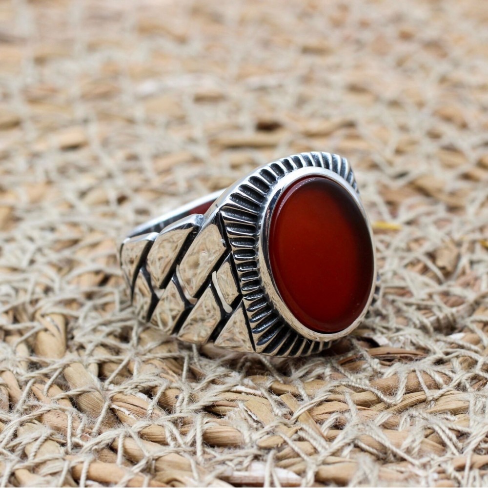 Men's Agate Ring, Handmade Ring, Turkish Handmade Silver Men Ring, Ottoman Men Ring, Men's Jewelry, Gift for Him, 925k Sterling Silver Ring
