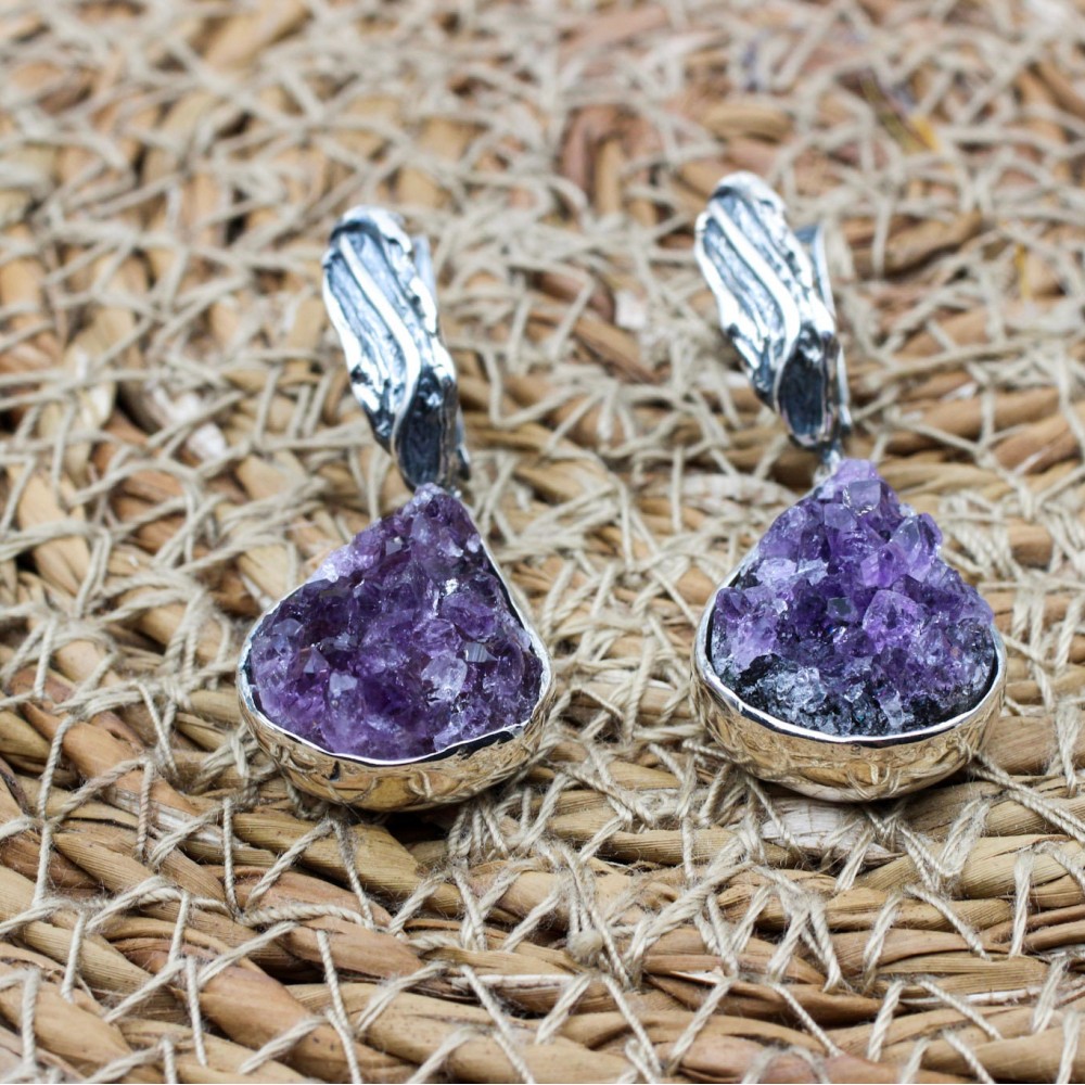 Amethyst Ladies Earring, Stud Earring, Handmade Women's Earring, Turkish Handmade, Ottoman Ladies Earring, Gift For Her, 925 Sterling Silver