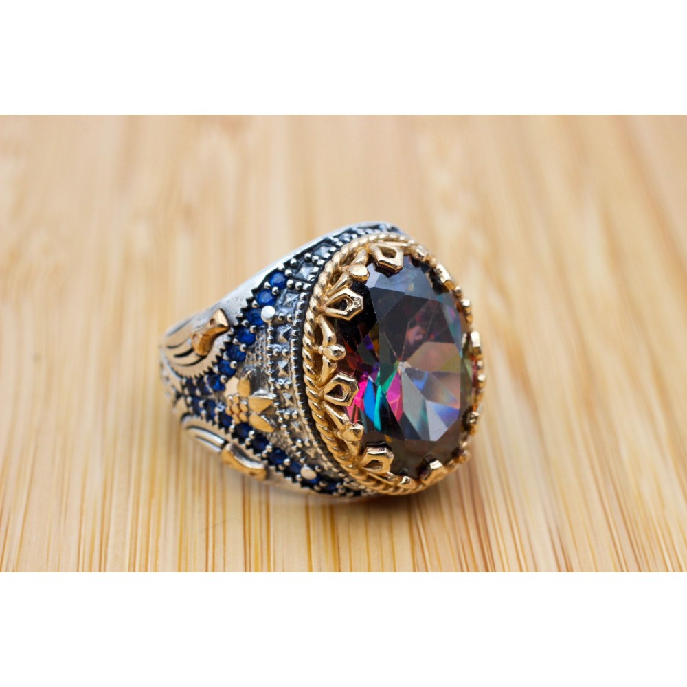 Turkish Handmade Silver Men's Ring, Men's Handmade Ring, Yemeni Ring, Mystic Topaz Ring, Ottoman Ring, Gift for Him, 925k Sterling Silver,