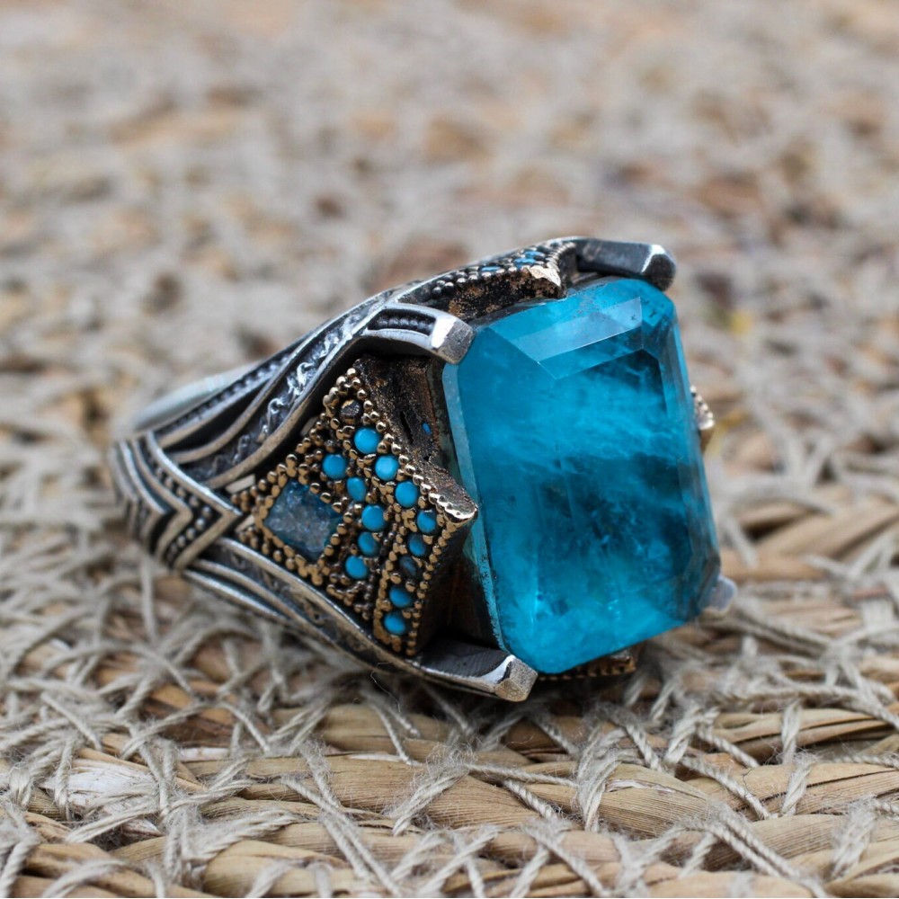 Paraiba Men's Ring, Handmade Men's Ring, Turkish Handmade Silver Men's Ring, Ottoman Ring, Men's Jewelry, Gift for Him, 925k Sterling Silver