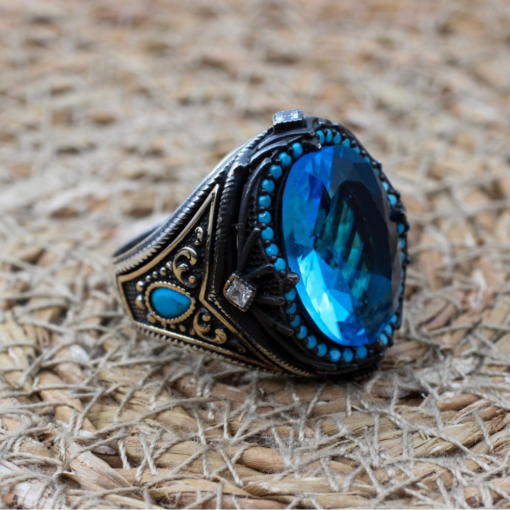 Aquamarine Mens Ring, Turkish Handmade Mens Ring, Ottoman Ring, Handmade Silver Ring, Men's Jewelry, Gift for Him, 925k Sterling Silver Ring
