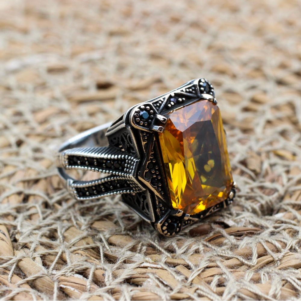 Men's Handmade Ring, Turkish Handmade Ring, Citrine Men's Ring, Ottoman Men's Ring, Men's Jewelry, Gift for Him, 925k Sterling Silver Ring