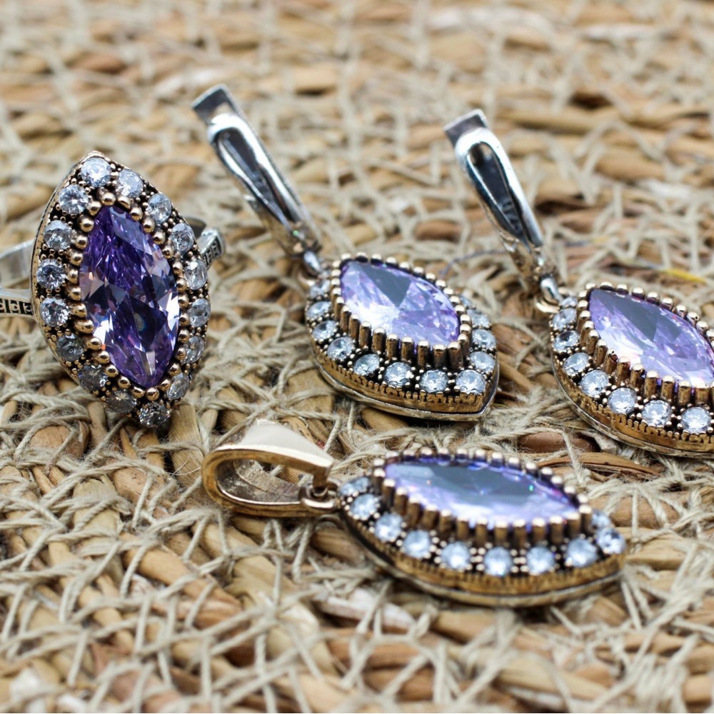 Amethyst Set, Authentic Set, Handmade Set Women, Turkish Handmade, Ladies Jewelry Set, Earring, Pendant, Ladies Set, 925k Sterling Silver