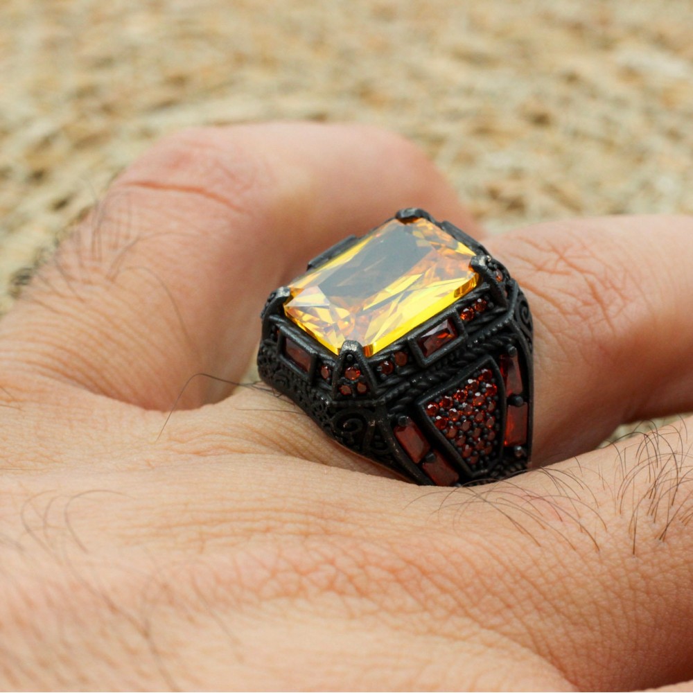 Citrine Men's Ring, Handmade Men's Ring, Turkish Handmade Ring, Ottoman Men's Ring, Men's Jewelry, Gift for Him, 925k Sterling Silver Ring