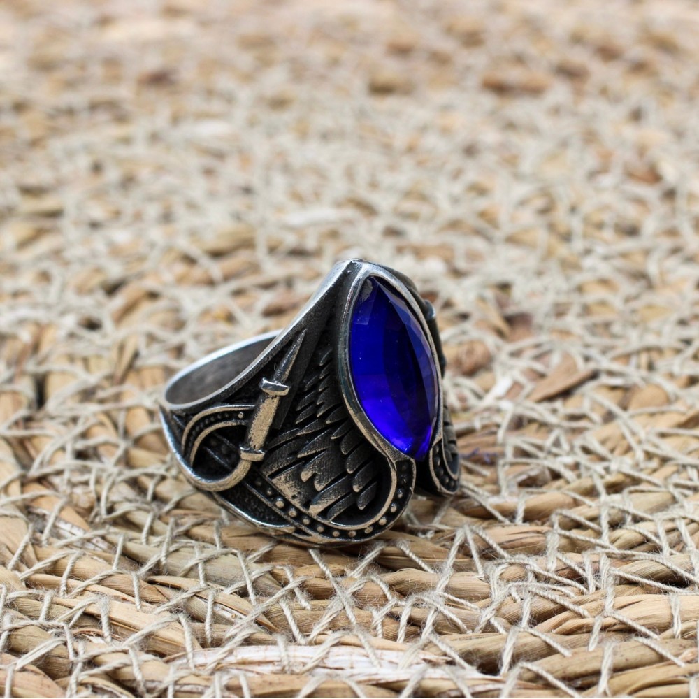 Turkish Ring, Men's Handmade Ring, Ottoman Ring, Cubic Zirconia, Sapphire Men's Ring, Men's Jewelry, Gift for Him, 925k Sterling Silver Ring