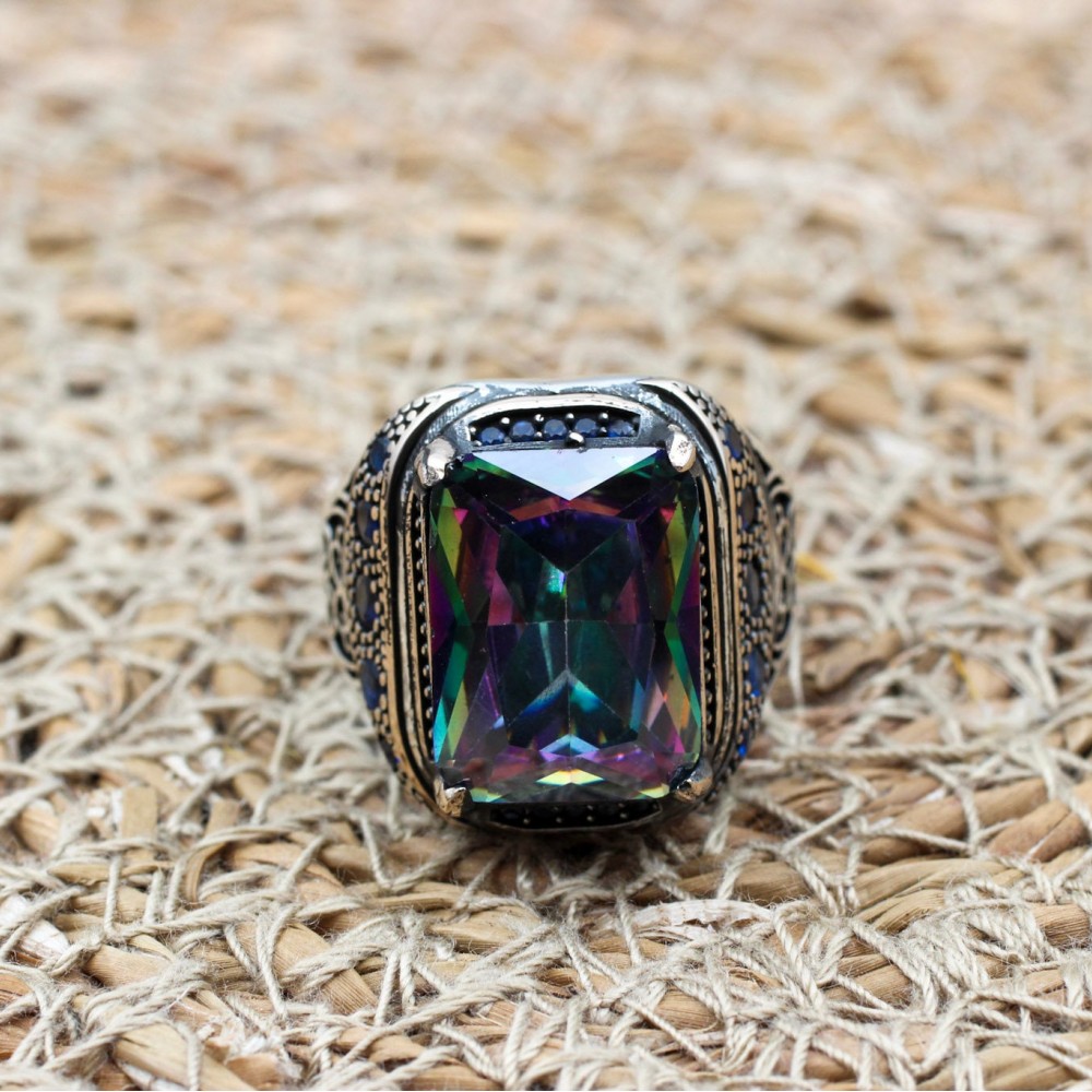 Mystic Topaz Men's Ring, Handmade Men's Ring, Turkish Handmade Silver Ring, Ottoman Ring, Men's Jewelry, Gift for Him, 925 Sterling Silver