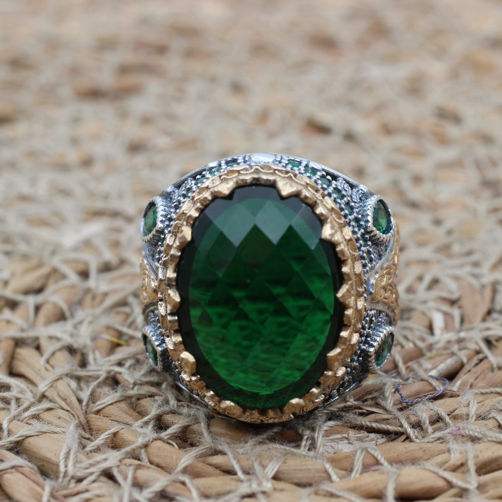 Emerald Men's Ring, Ottoman Men's Ring, Handmade Men's Ring, Turkish Handmade Men's Ring, Men's Jewelry, Gift for Him, 925 Sterling Silver