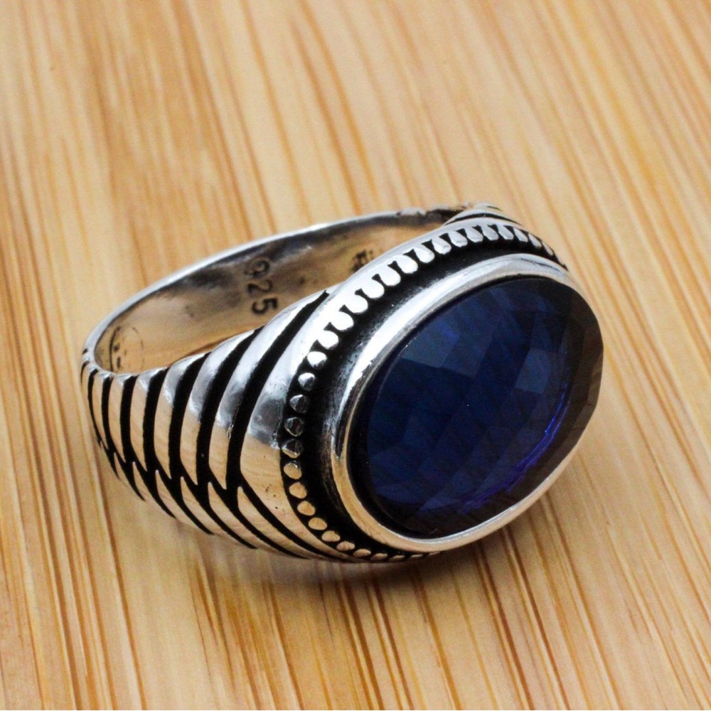 Turkish Ring, Men's Handmade Ring, Ottoman Ring, Cubic Zirconia, Sapphire Men's Ring, Men's Jewelry, Gift for Him, 925k Sterling Silver Ring