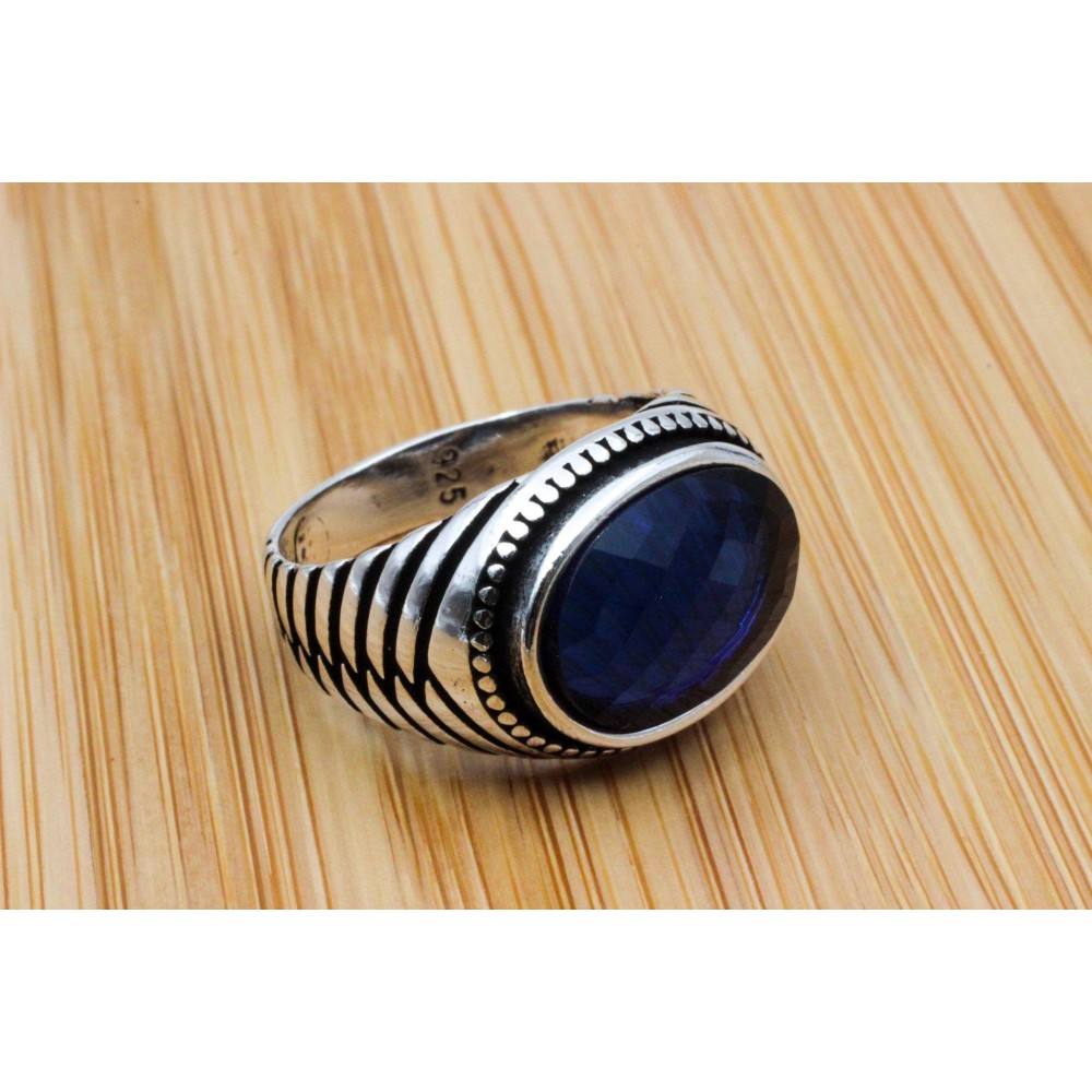 Turkish Ring, Men's Handmade Ring, Ottoman Ring, Cubic Zirconia, Sapphire Men's Ring, Men's Jewelry, Gift for Him, 925k Sterling Silver Ring