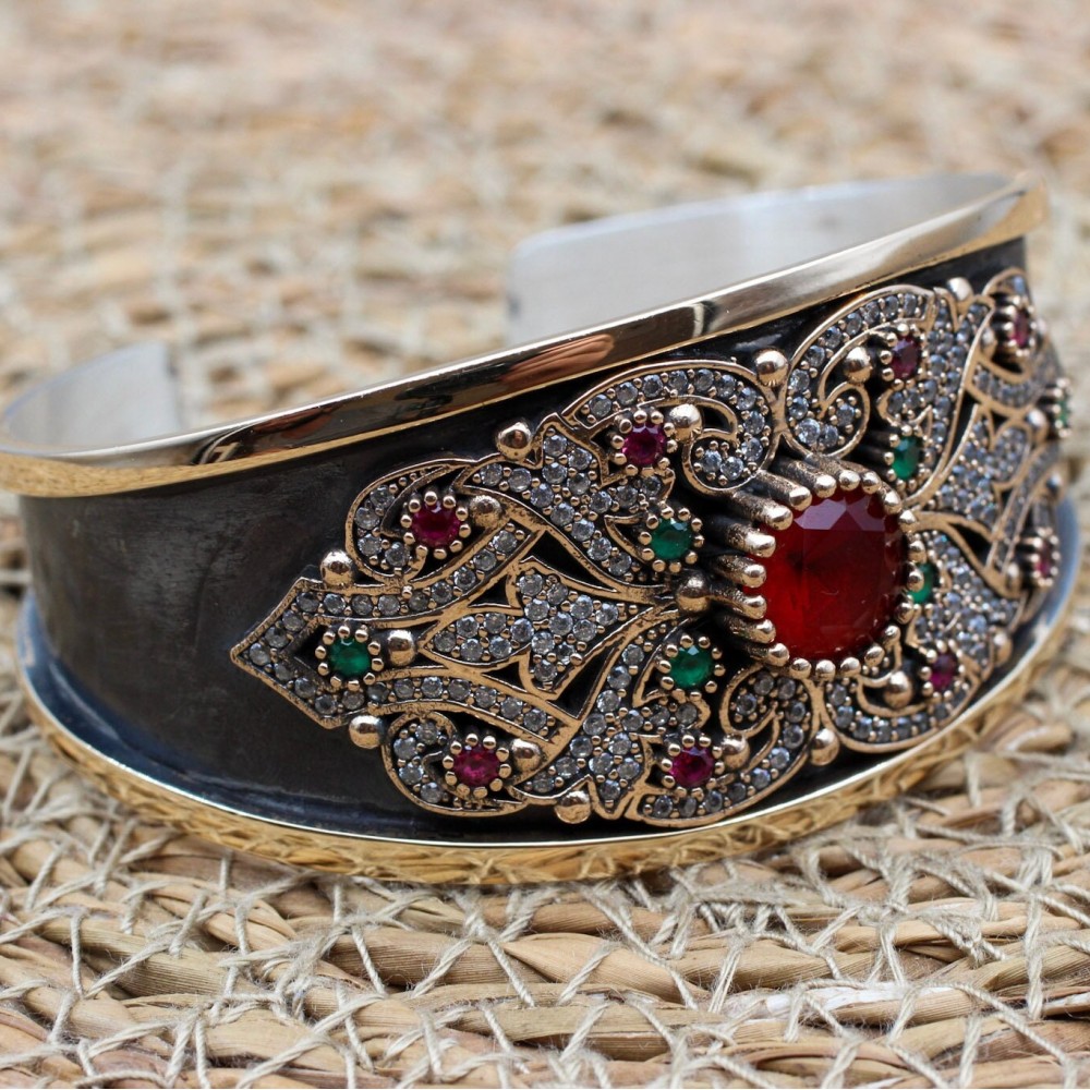 Ruby Bracelet, Ottoman Bracelet, Handmade Bracelet, Bangle Cuff, Bangle Bracelet, Turkish Handmade, Gift For Her, 925k Sterling Silver, Ruby