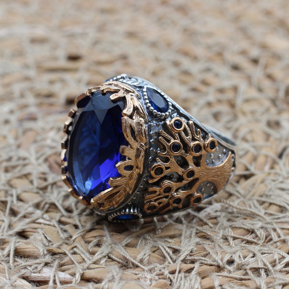 Sapphire Men's Ring, Tree Of Life Ring, Handmade Men's Ring, Turkish Handmade Men's Ring, Men's Jewelry, Gift for Him, 925 Sterling Silver