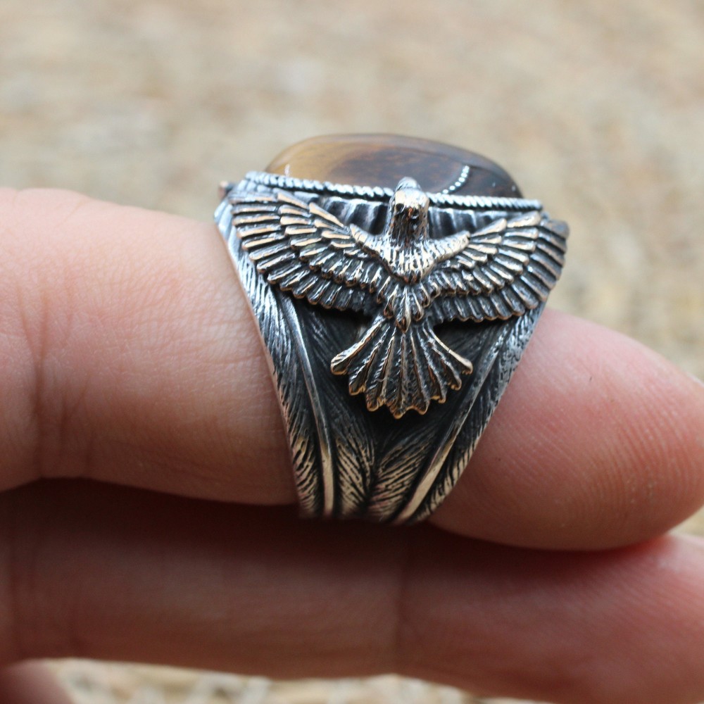 Tiger Eye Men's Ring, Ottoman Men's Ring, Handmade Men's Ring, Turkish Handmade Eagle Ring, Men's Jewelry, Gift for Him, 925 Sterling Silver