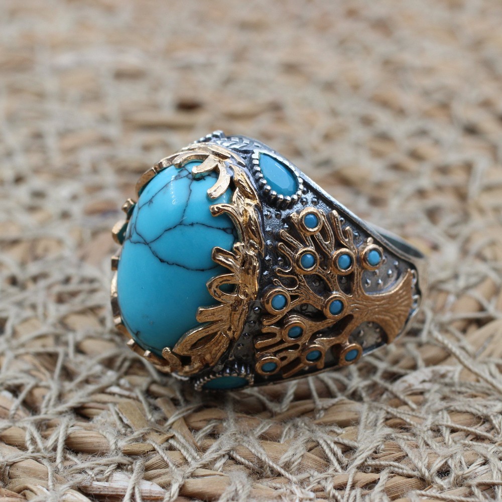 Turquoise Men's Ring, Handmade Ring, Turkish Handmade Silver Men Ring, Tree Of Life, Men's Jewelry, Gift for Him, 925k Sterling Silver Ring Turquoise Men's Ring, Handmade Ring, Turkish Handmade Silver Men Ring, Tree Of Life, Men's Jewelry, Gift for Him, 925k Sterling Silver Ring