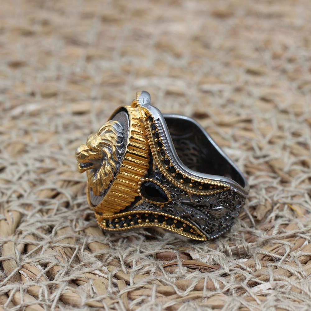 Onyx Men's Ring, Lion Men's Ring, Turkish Handmade Silver Men's Ring, Men's Handmade Ring, Ottoman Ring, Gift for Him, 925k Sterling Silver,