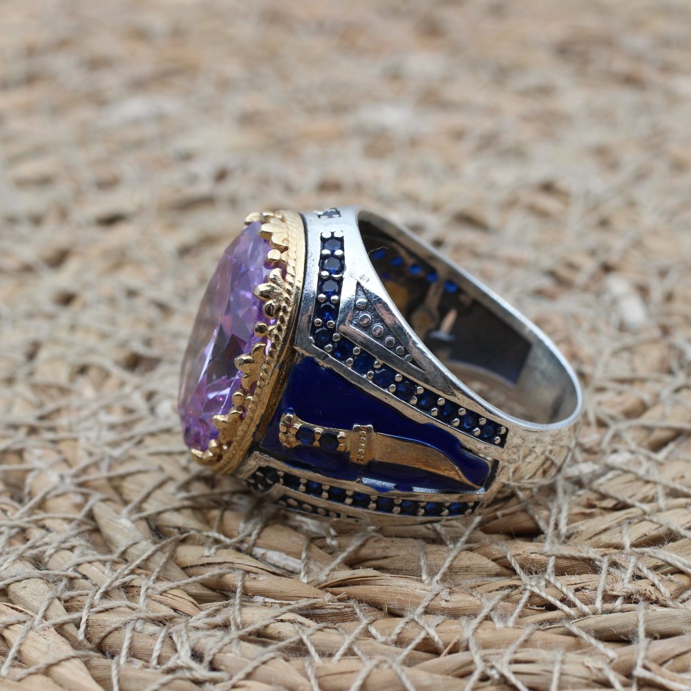 Amethyst Men's Ring, Mens Handmade Ring, Turkish Handmade Silver Men Ring, Ottoman Men Ring, Men Jewelry, Gift for Him, 925k Sterling Silver