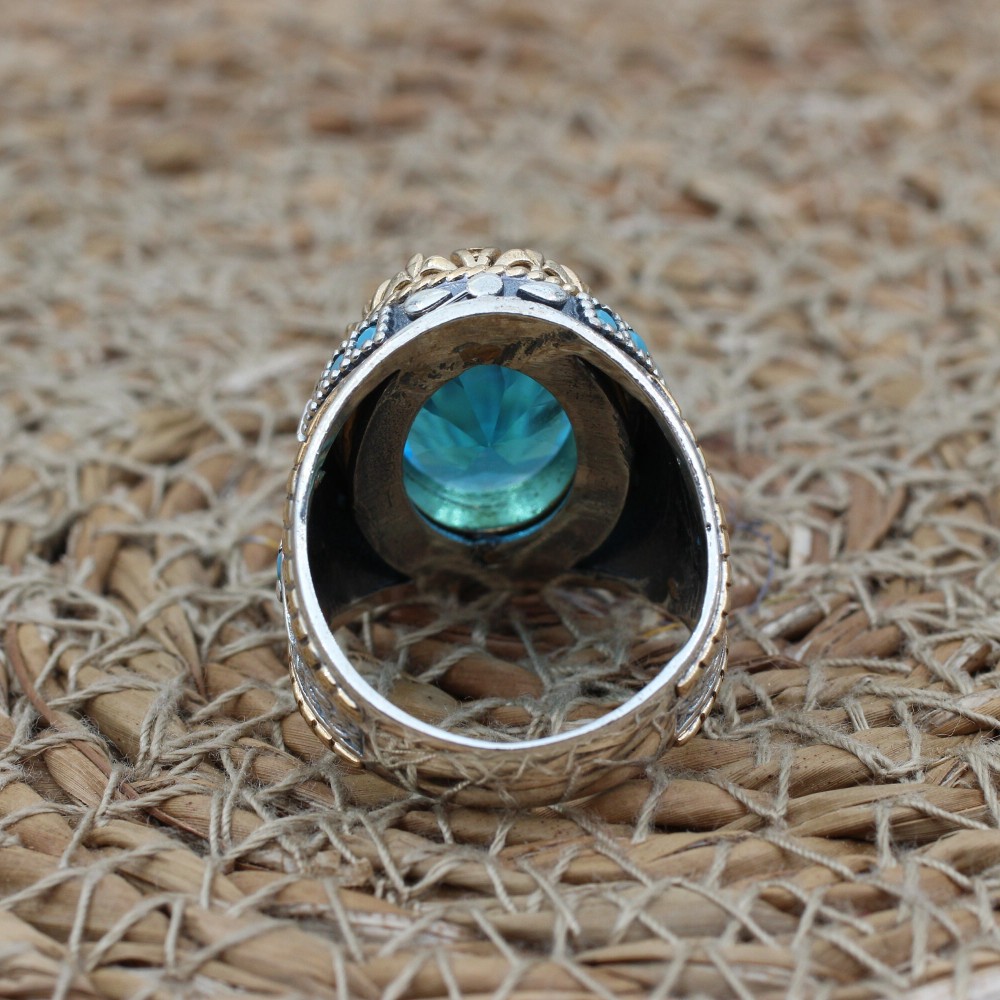 Mens Handmade Ring, Turkish Handmade Silver Men Ring, Ottoman Ring, Aquamarine Ring, Men's Jewelry, Gift for Him, 925k Sterling Silver Ring