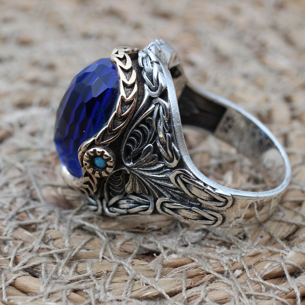 Mens Handmade Ring, Turkish Handmade Silver Men Ring, Ottoman Ring, Aquamarine Ring, Men's Jewelry, Gift for Him, 925k Sterling Silver Ring