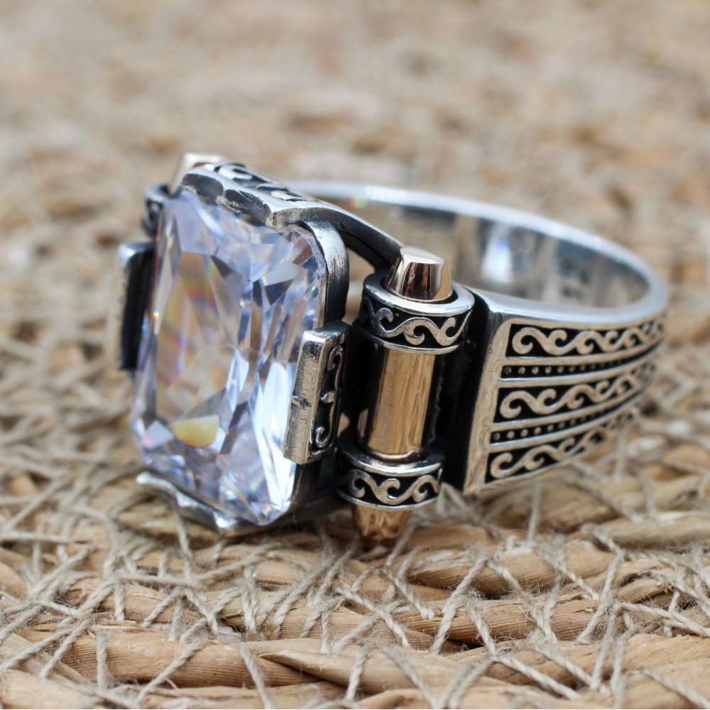 Mens Handmade Ring, Turkish Handmade Silver Men Ring, Ottoman Men Ring, Zircon Ring, Men's Jewelry, Gift for Him, 925k Sterling Silver Ring