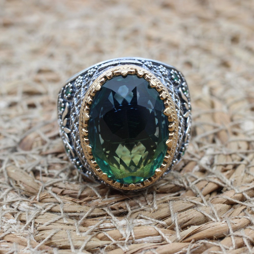 Men's Handmade Ring, Turkish Handmade Ring, Ottoman  Men's Ring, Tourmaline Men's Ring, Men's Jewelry, Gift for Him, 925k Sterling Silver