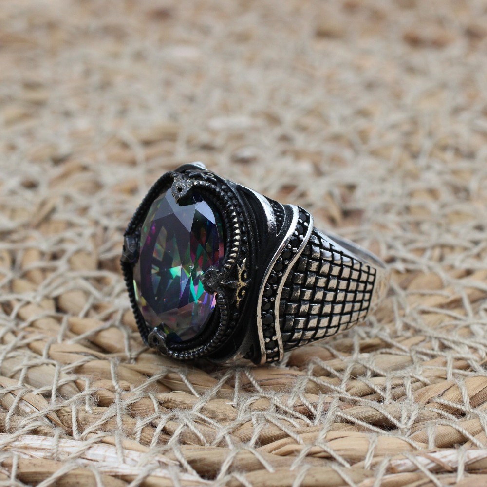 Mystic Topaz Ring, Handmade Ring, Turkish Handmade Silver Men Ring, Mystic Topaz Ring, Men's Jewelry, Gift for Him, 925k Sterling Silver