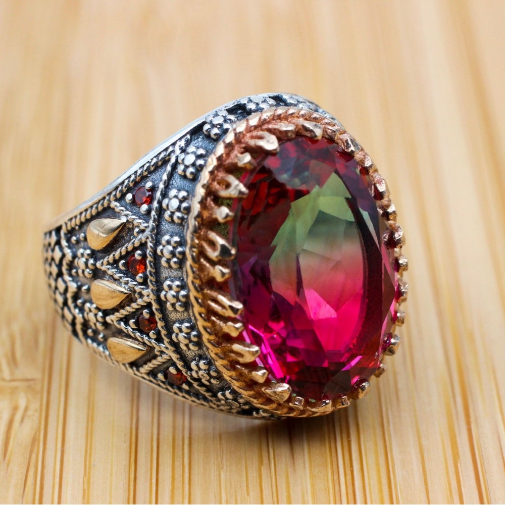 Men's Handmade Ring, Turkish Handmade Ring, Ottoman Men's Ring, Tourmaline Men's Ring, Yemeni Mens Ring, Gift for Him, 925k Sterling Silver