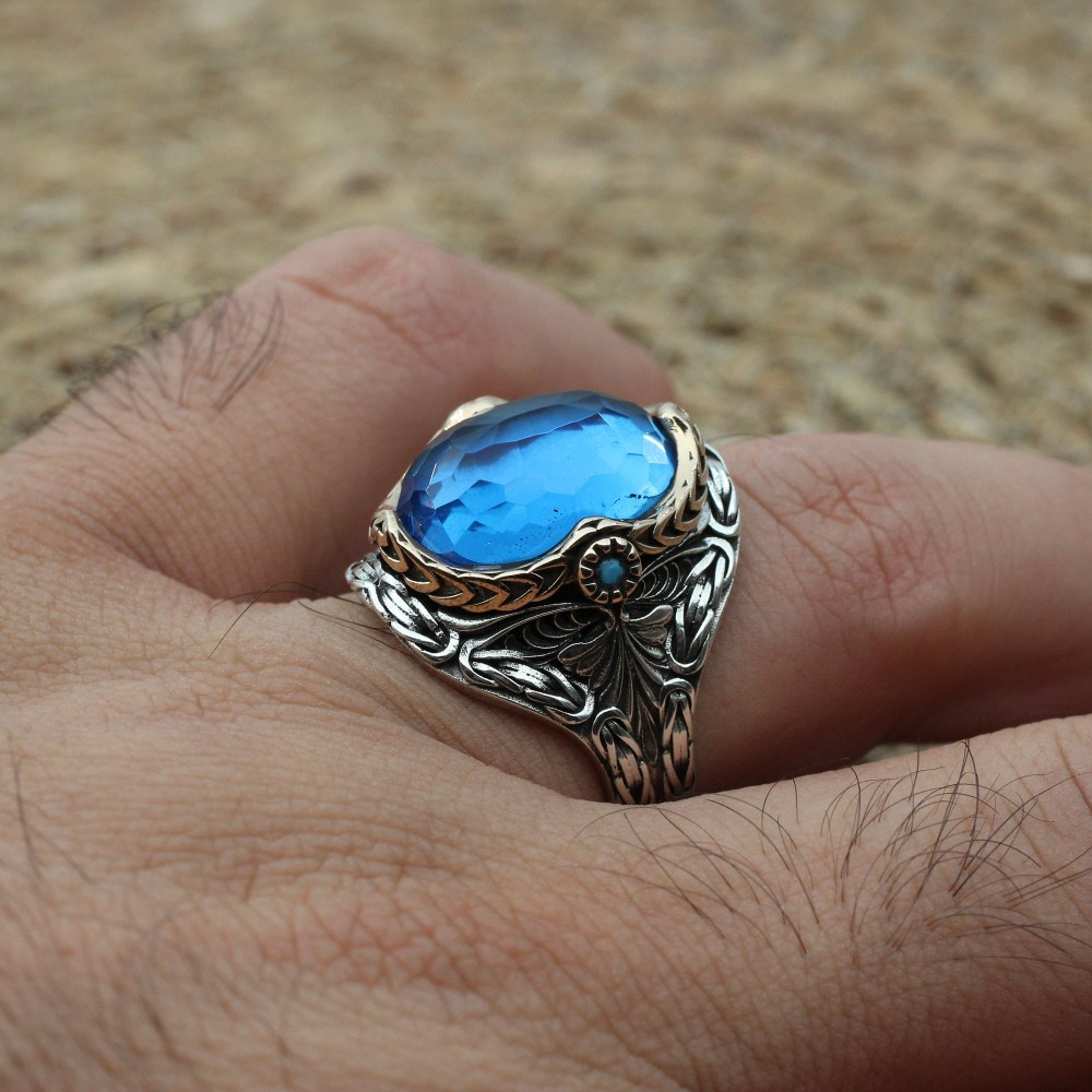 Mens Handmade Ring, Turkish Handmade Silver Men Ring, Ottoman Ring, Aquamarine Ring, Men's Jewelry, Gift for Him, 925k Sterling Silver Ring