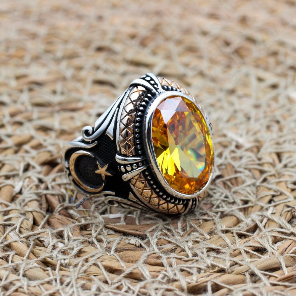 Citrine Men's Ring, Handmade Men's Ring, Turkish Handmade Silver Men Ring, Men Ring, Men's Jewelry, Gift for Him, 925k Sterling Silver Ring,