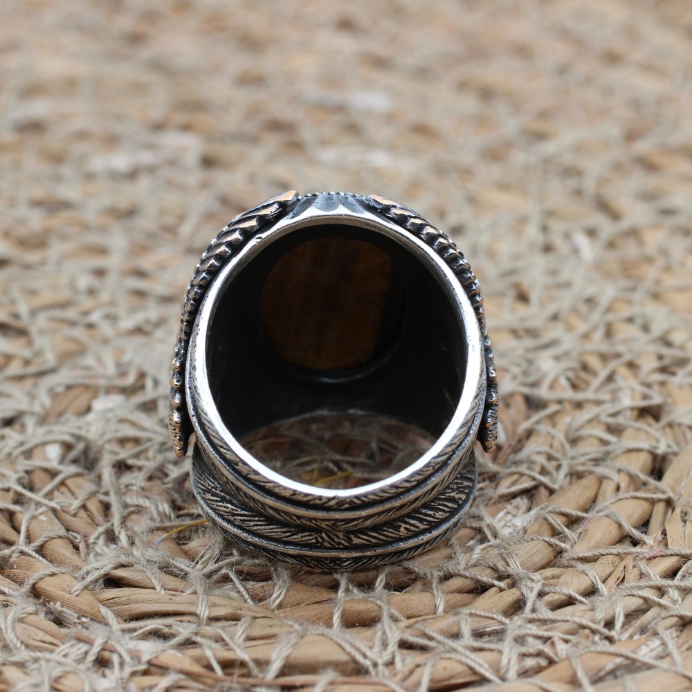 Tiger Eye Men's Ring, Ottoman Men's Ring, Handmade Men's Ring, Turkish Handmade Eagle Ring, Men's Jewelry, Gift for Him, 925 Sterling Silver