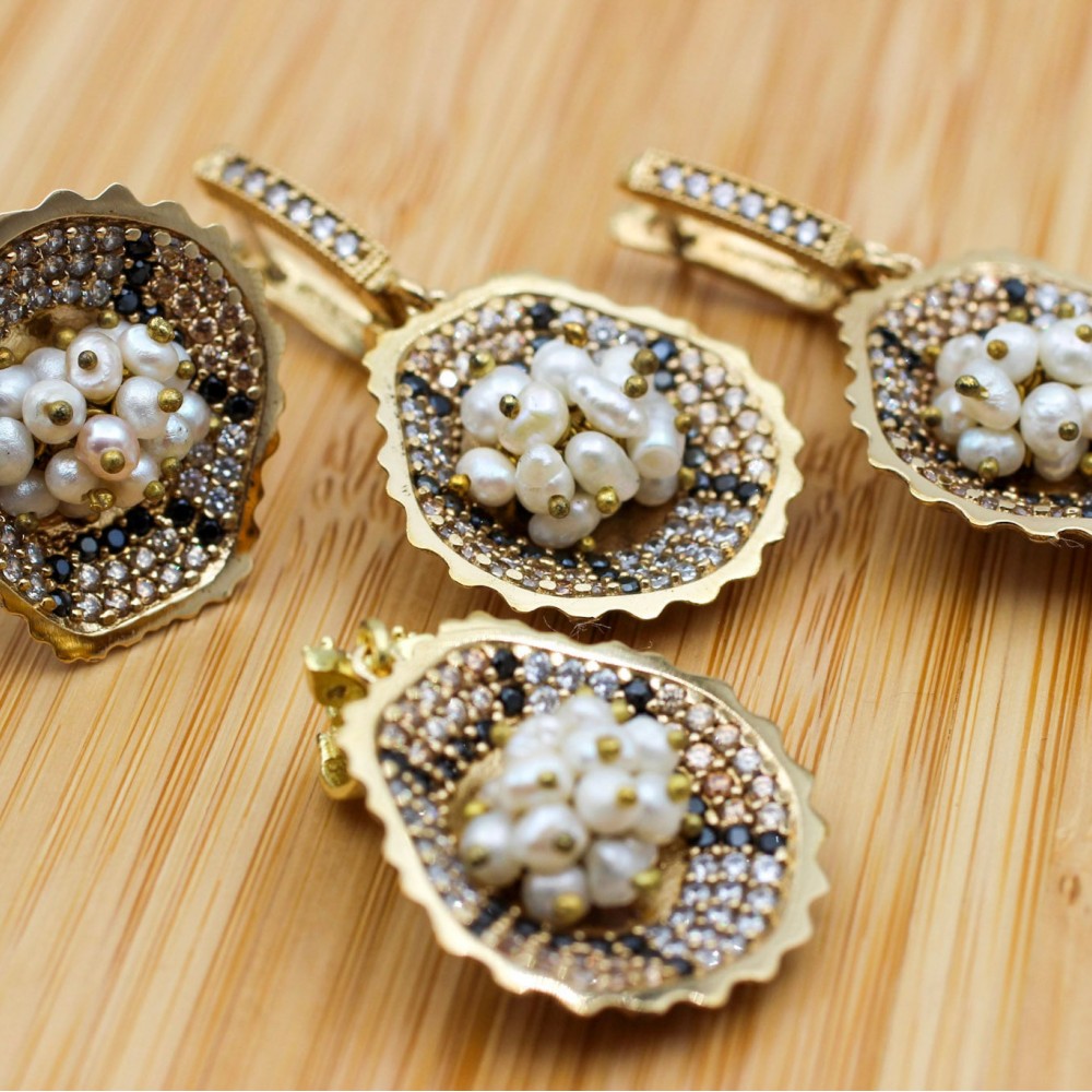 Pearl Set, Authentic Set, Leopard Set, Handmade Set, Women Set, Ladies Jewelry Set, Earring, Pendant, Ladies Set, 925k Sterling Silver,