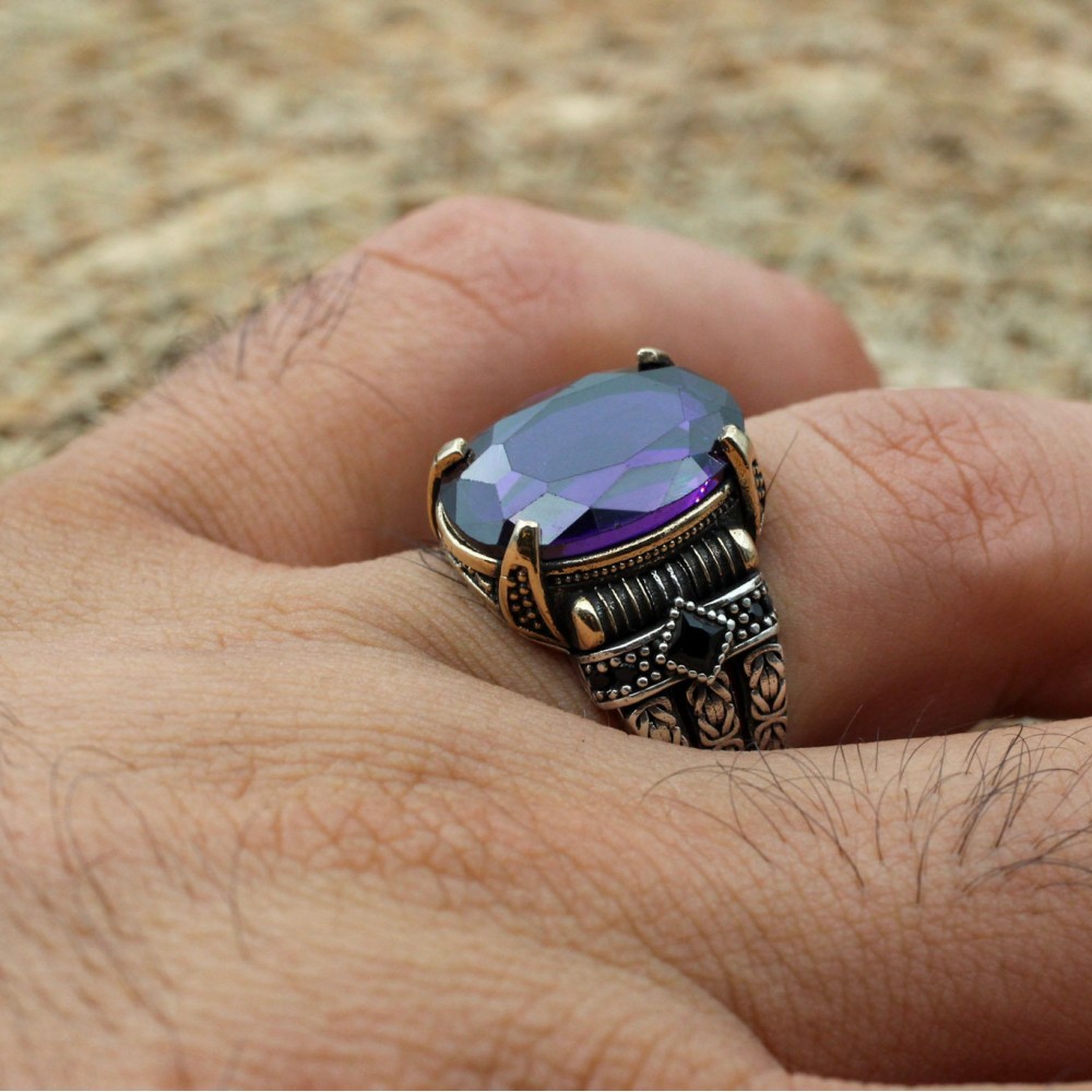 Amethyst Men's Ring, Mens Handmade Ring, Turkish Handmade Silver Men Ring, Ottoman Men Ring, Men Jewelry, Gift for Him, 925k Sterling Silver