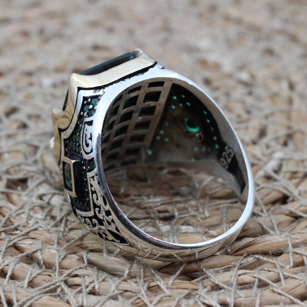 Emerald Men's Ring, Ottoman Men's Ring, Handmade Men's Ring, Turkish Handmade Men's Ring, Men's Jewelry, Gift for Him, 925 Sterling Silver