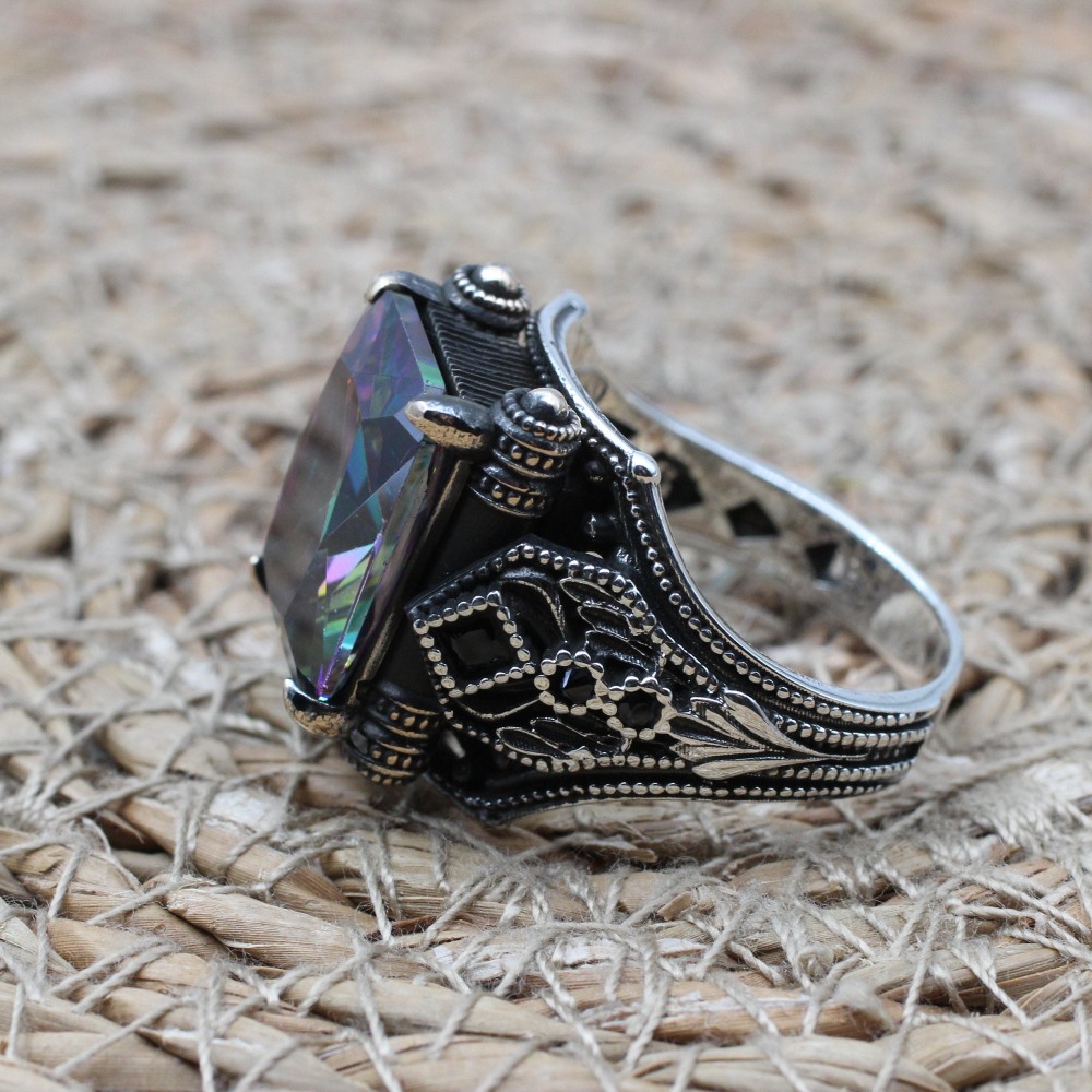 Mystic Topaz Ring, Handmade Ring, Turkish Handmade Silver Men Ring, Mystic Topaz Ring, Men's Jewelry, Gift for Him, 925k Sterling Silver