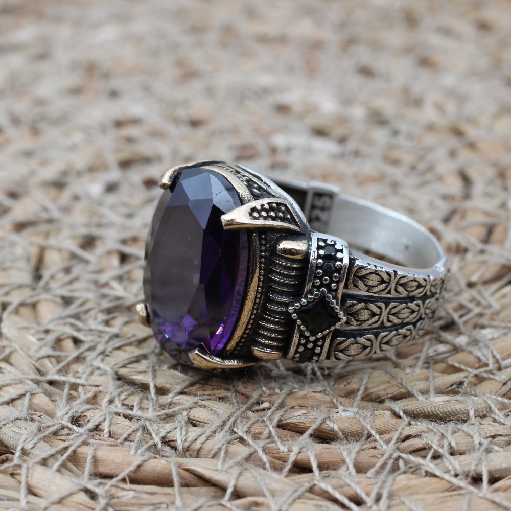 Amethyst Men's Ring, Mens Handmade Ring, Turkish Handmade Silver Men Ring, Ottoman Men Ring, Men Jewelry, Gift for Him, 925k Sterling Silver