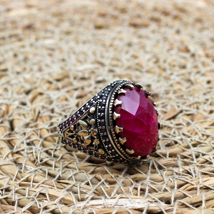 Ruby Men's Ring, Handmade Men's Ring, Turkish Handmade Silver Mens Ring, Ottoman Mens Ring, Mens Jewelry, Gift for Him, 925 Sterling Silver