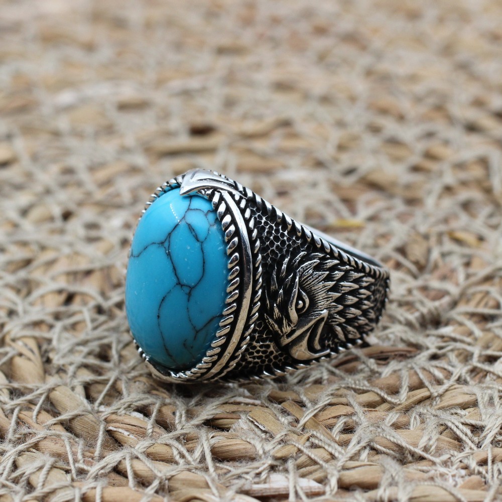 Turquoise Men's Ring, Handmade Ring, Turkish Handmade Ring, Eagle Ring, Ottoman Ring, Men's Jewelry, Gift for Him, 925k Sterling Silver Ring