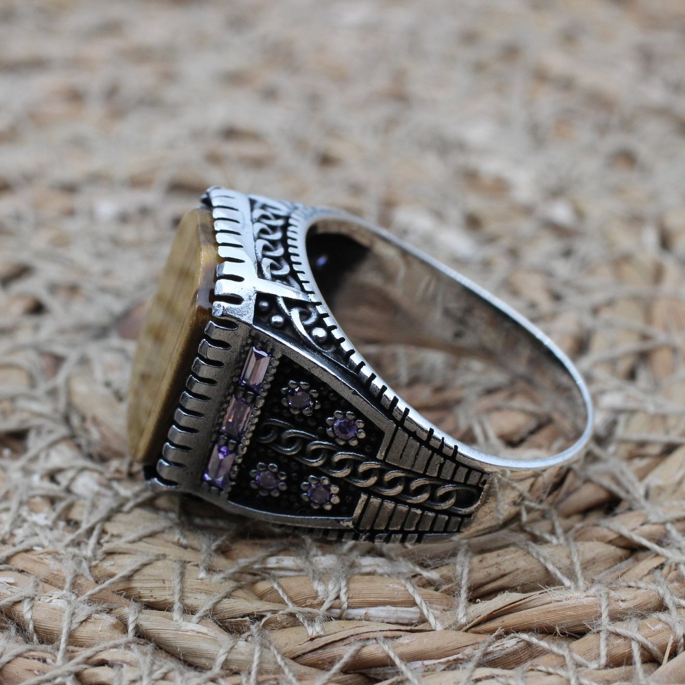 Tiger Eye Men's Ring, Ottoman Men's Ring, Handmade Men's Ring, Turkish Handmade Men's Ring, Men's Jewelry, Gift for Him, 925 Sterling Silver