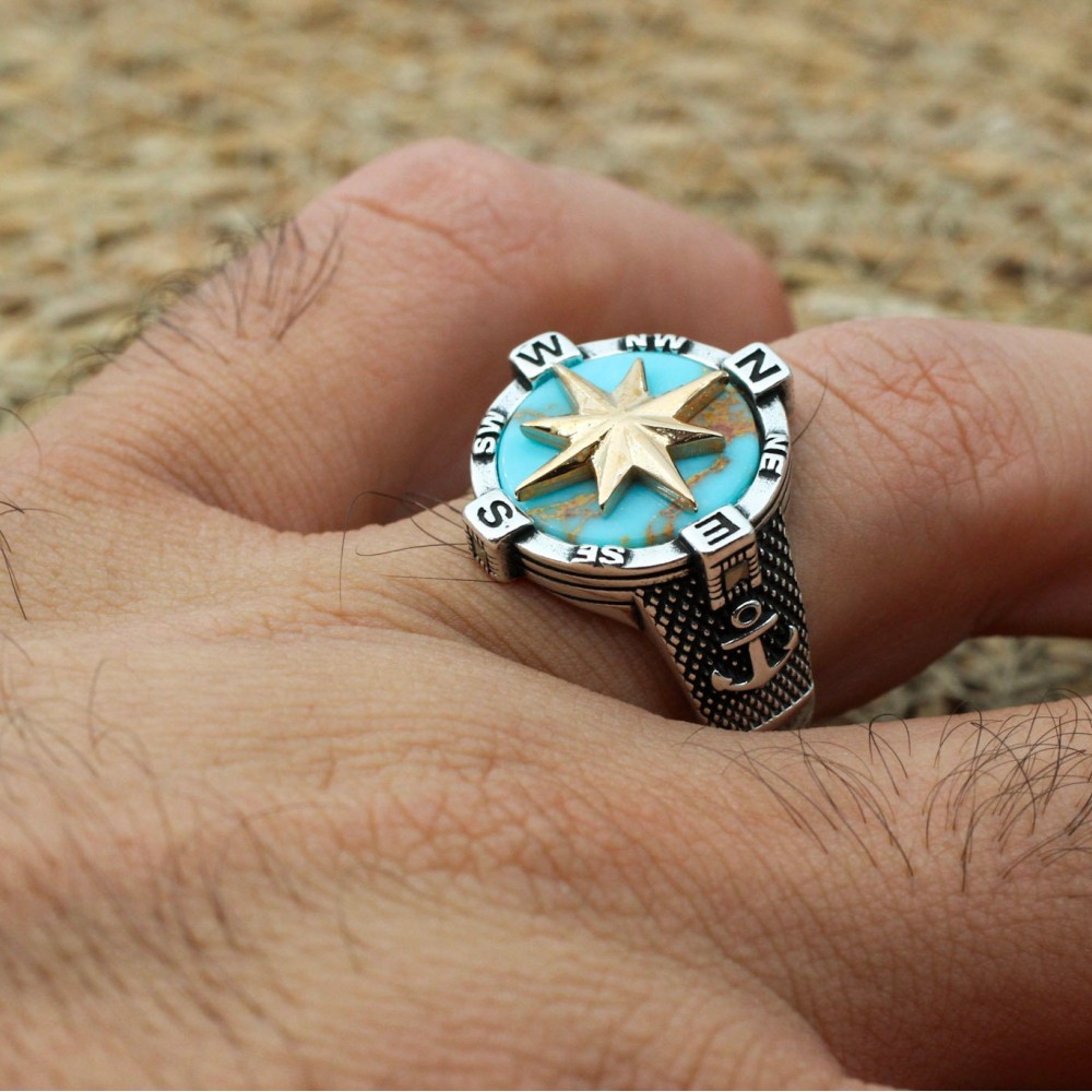 Turquoise Compass Ring, Men's Ring, Handmade Ring, Turkish Handmade Anchor Ring, Men's Jewelry, Gift for Him, 925k Sterling Silver Ring