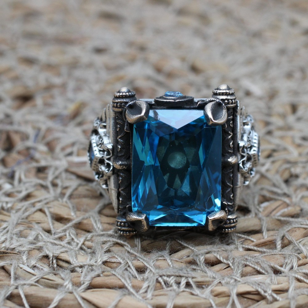 Aquamarine Mens Ring, Turkish Handmade Silver Mens Ring, Ottoman Ring, Square Stone Ring, Mens Jewelry, Gift for Him, 925k Sterling Silver